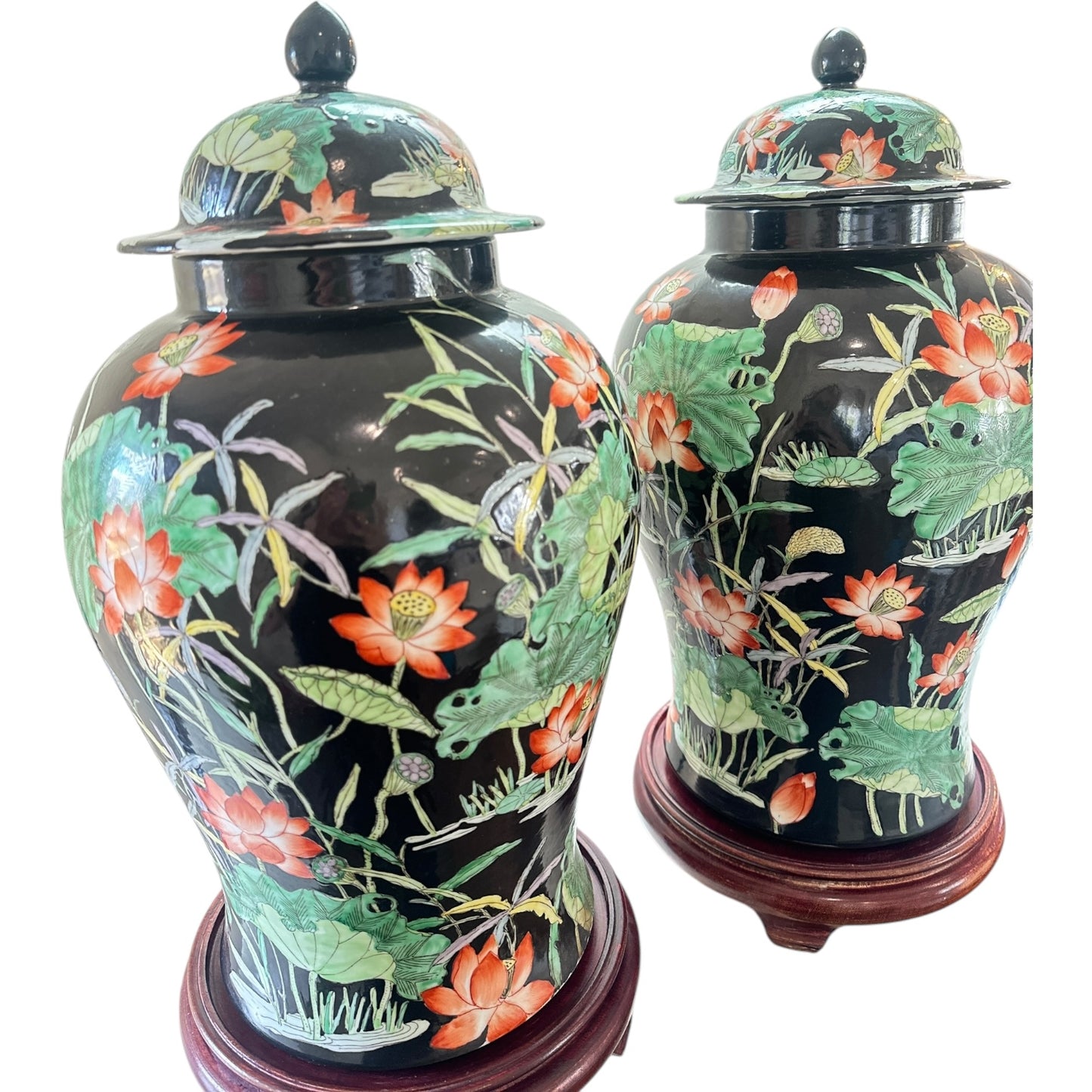 Pair of Famille Noire Chinese Temple Jars
