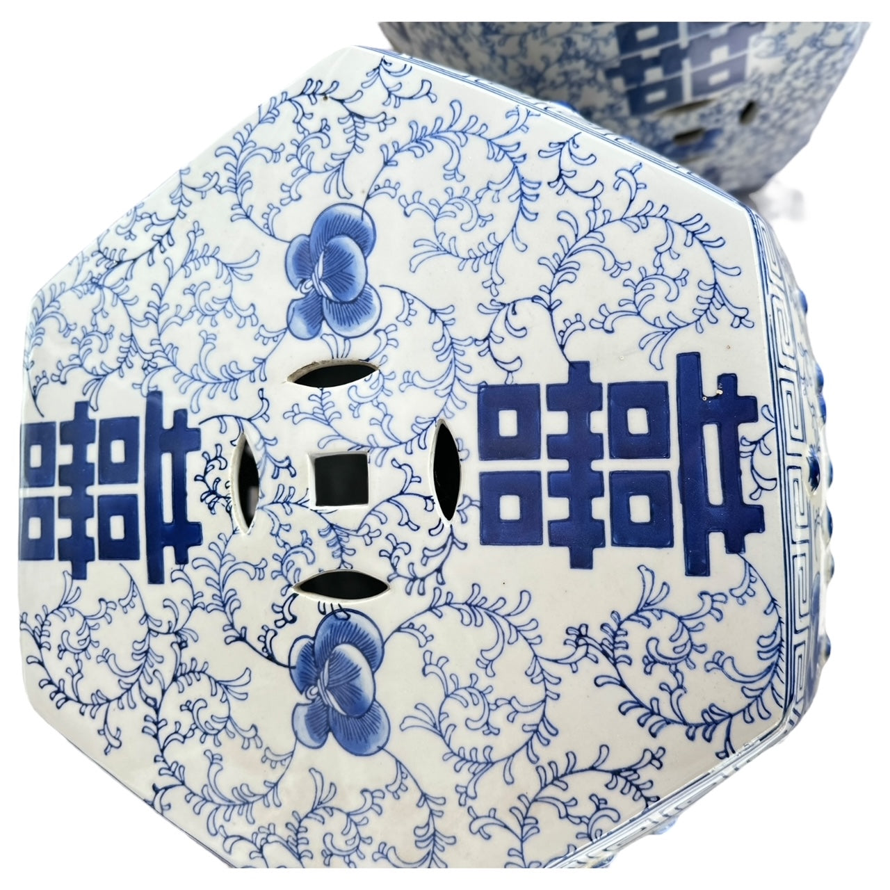 Pair of Blue and White Double Happiness Garden Stools