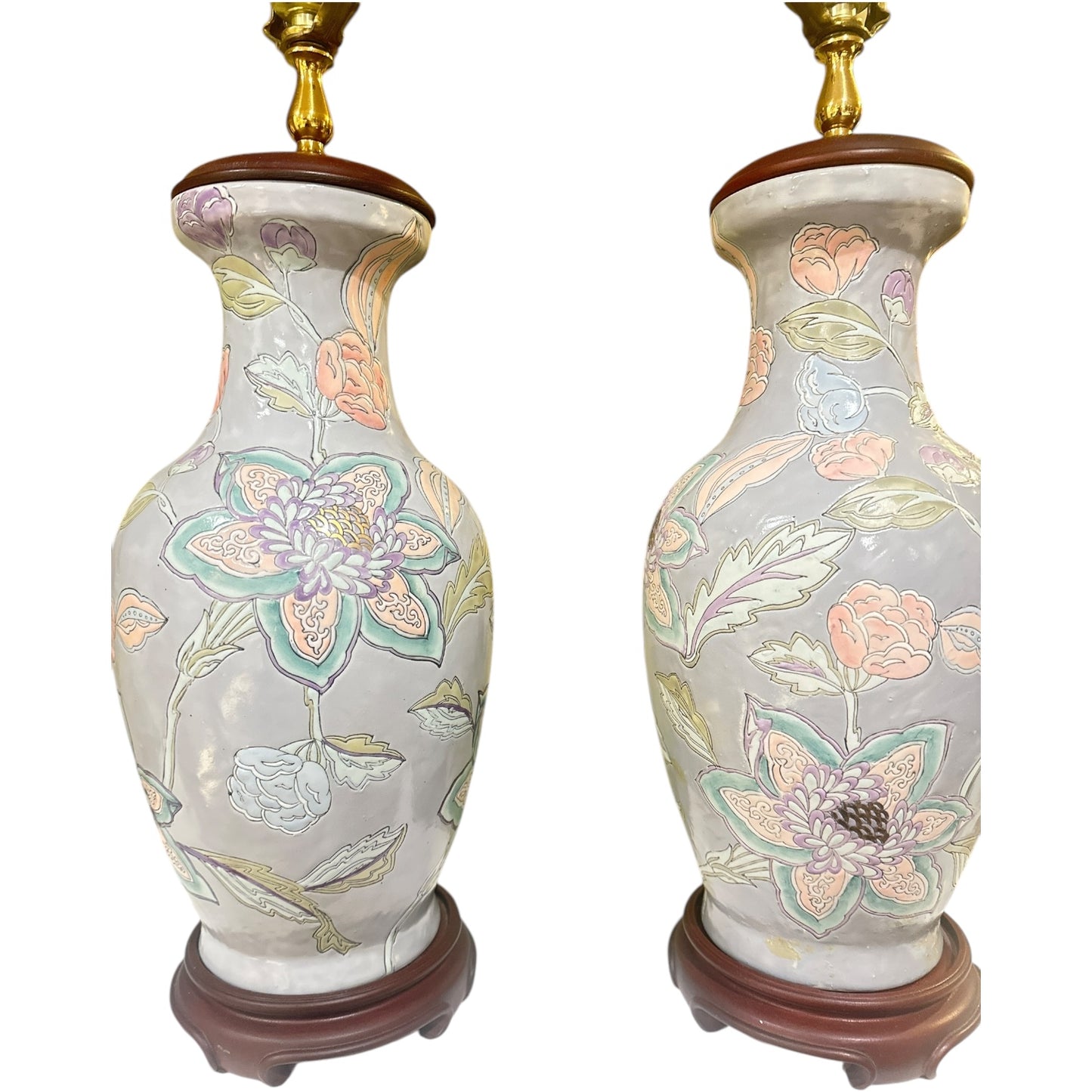 Pair of Ceramic Relief Floral Lamps
