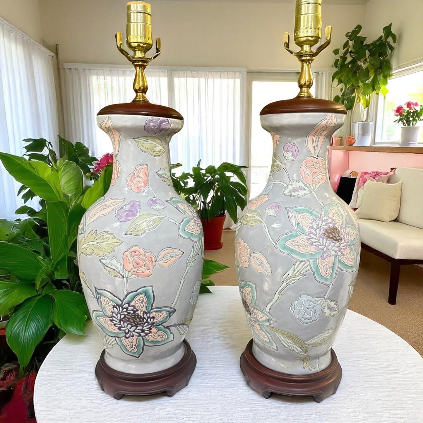 Pair of Ceramic Relief Floral Lamps