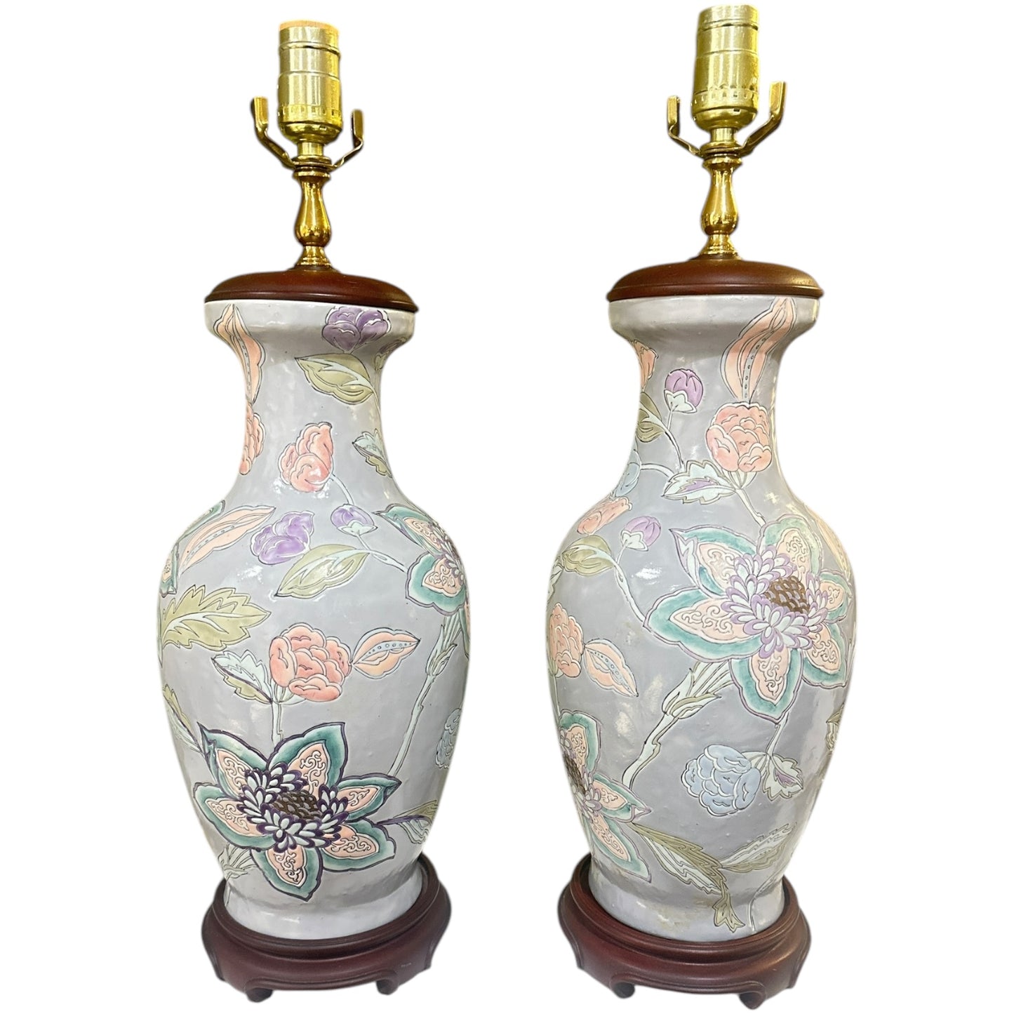 Pair of Ceramic Relief Floral Lamps