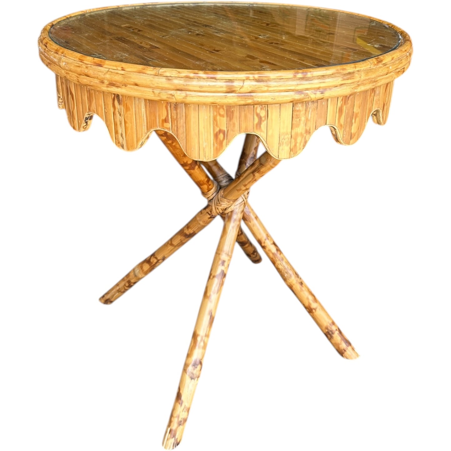Vintage Bamboo Scalloped Skirt Table with Glass Top