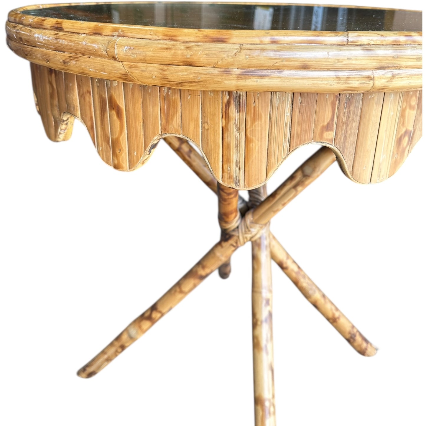 Vintage Bamboo Scalloped Skirt Table with Glass Top