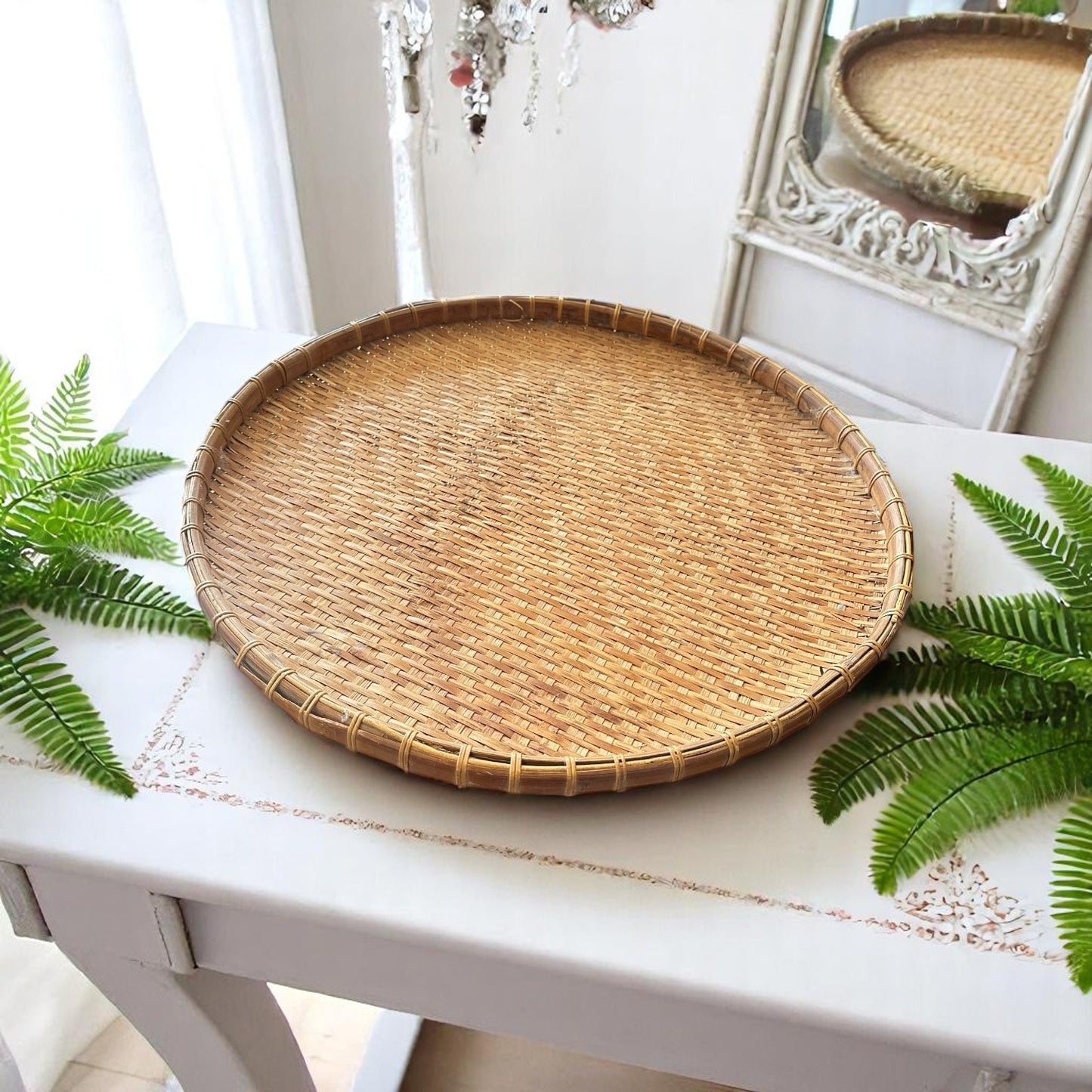 Large Round Vintage Bamboo Woven Tray