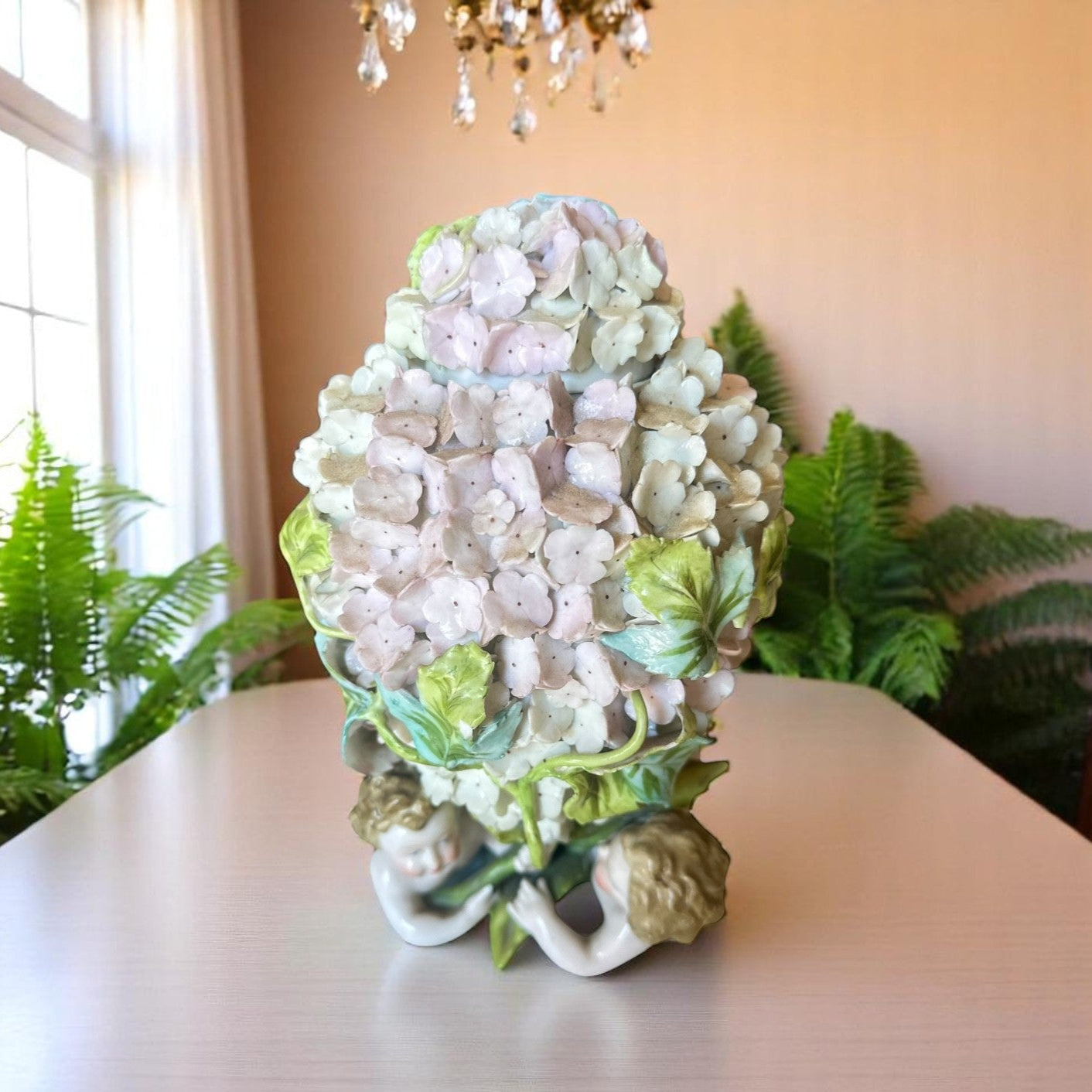 Hydrangea and Cherub Centerpiece Vase
