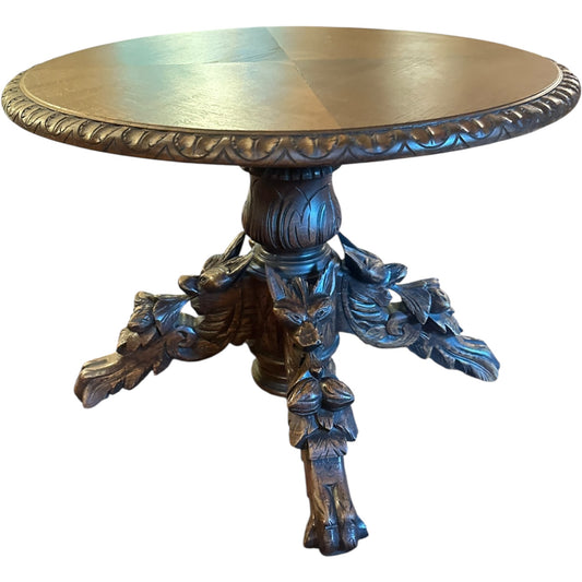 Antique Carved Oak Round Pedestal Table with Fox & Foliage Motif