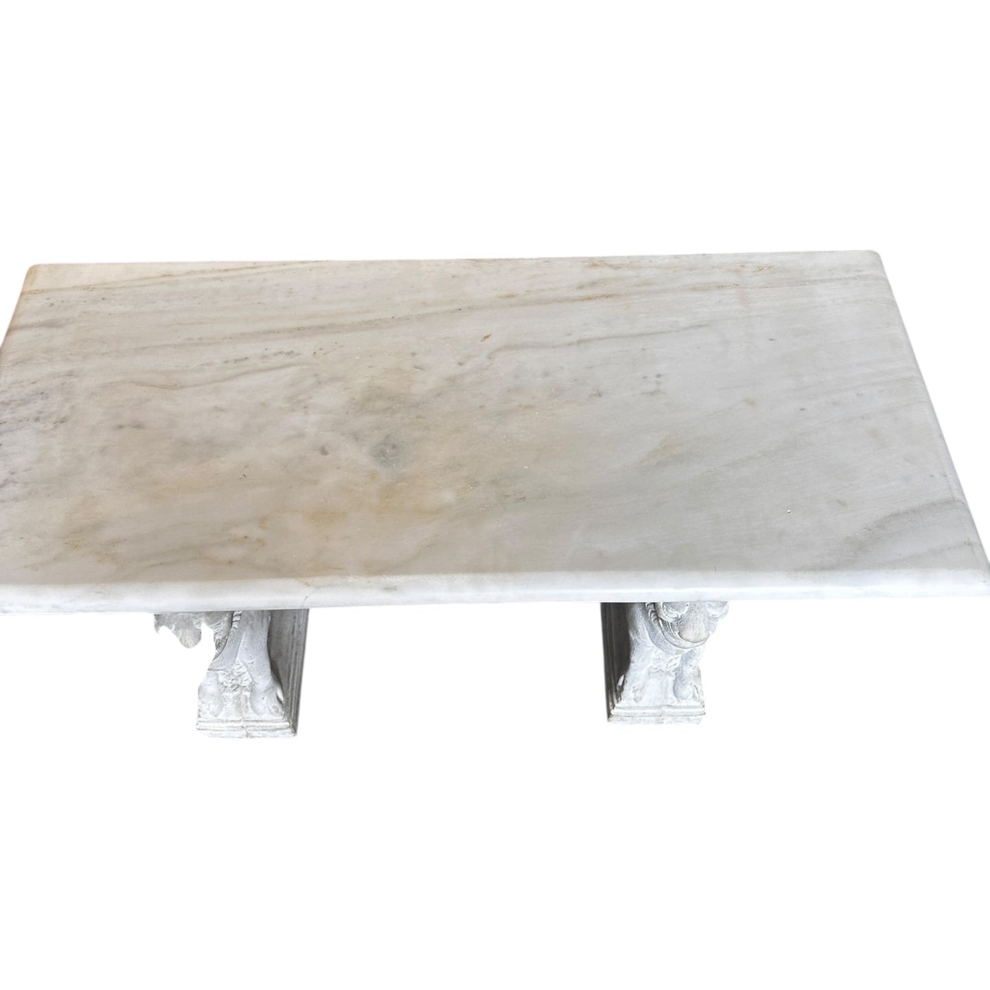 Antique Italian Carrara Marble Bench With Carved Stone Winged Lion Bases