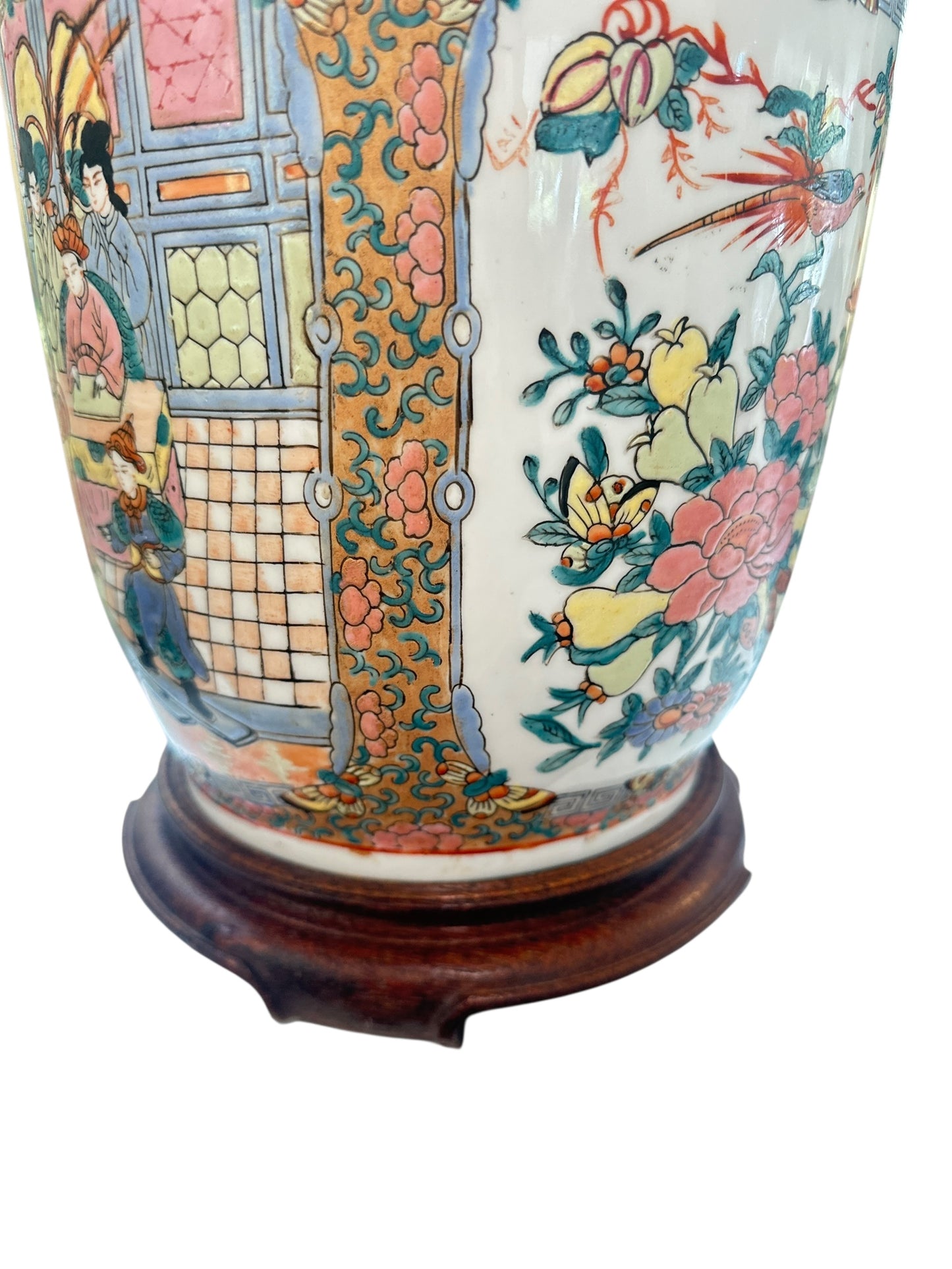 Pair of Vintage Chinese Famille Rose Porcelain Lamps with Figural Foo Dog Handles