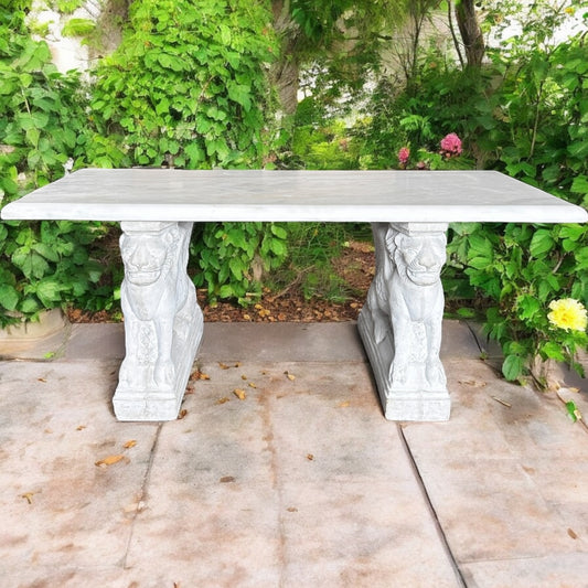 Antique Italian Carrara Marble Bench With Carved Stone Winged Lion Bases