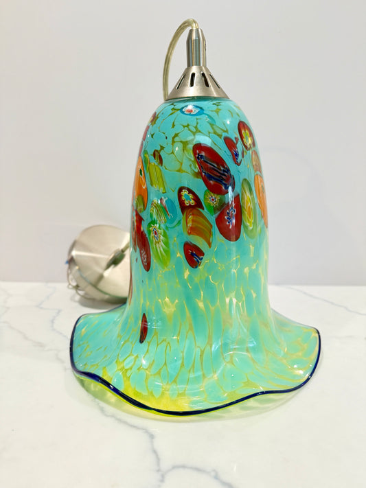 Handblown Murano Glass Pendant Light – Aqua Millefiori Bell Shade with Nickel Mount – Italian Art Glass Lighting