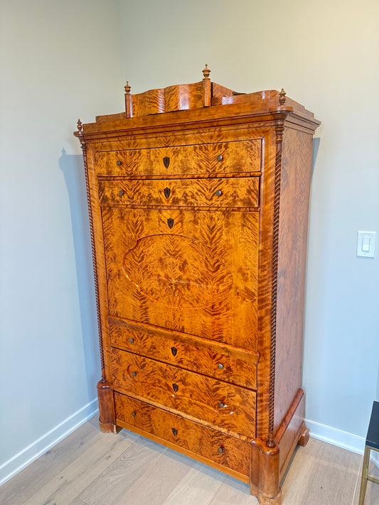 Stunning Antique Biedermeier Flame Birch Secretary Chest – Circa 1830