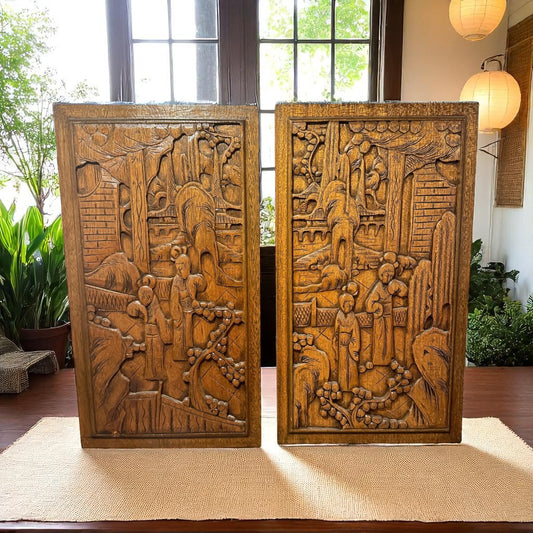 Pair of Hand-Carved Asian Wall Panels