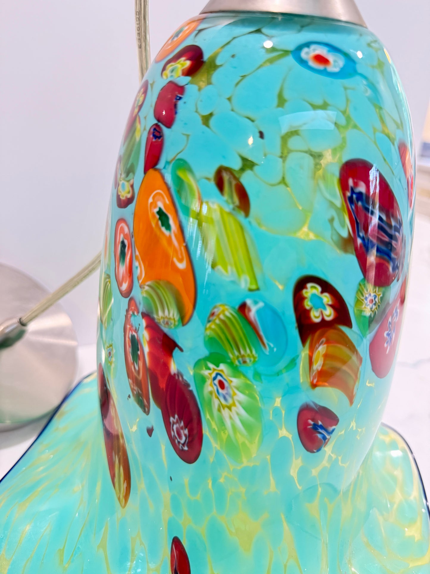 Handblown Murano Glass Pendant Light – Aqua Millefiori Bell Shade with Nickel Mount – Italian Art Glass Lighting
