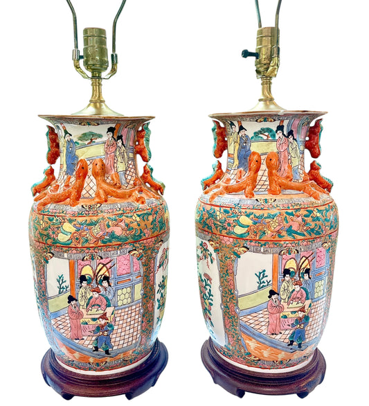 Pair of Vintage Chinese Famille Rose Porcelain Lamps with Figural Foo Dog Handles