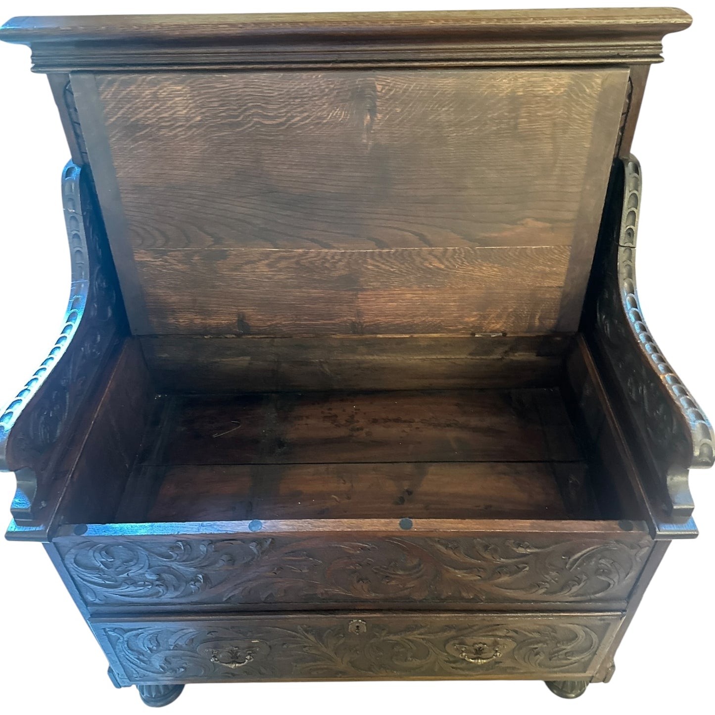 Antique Hand-Carved Oak Hall Bench with Storage – English Gothic Revival