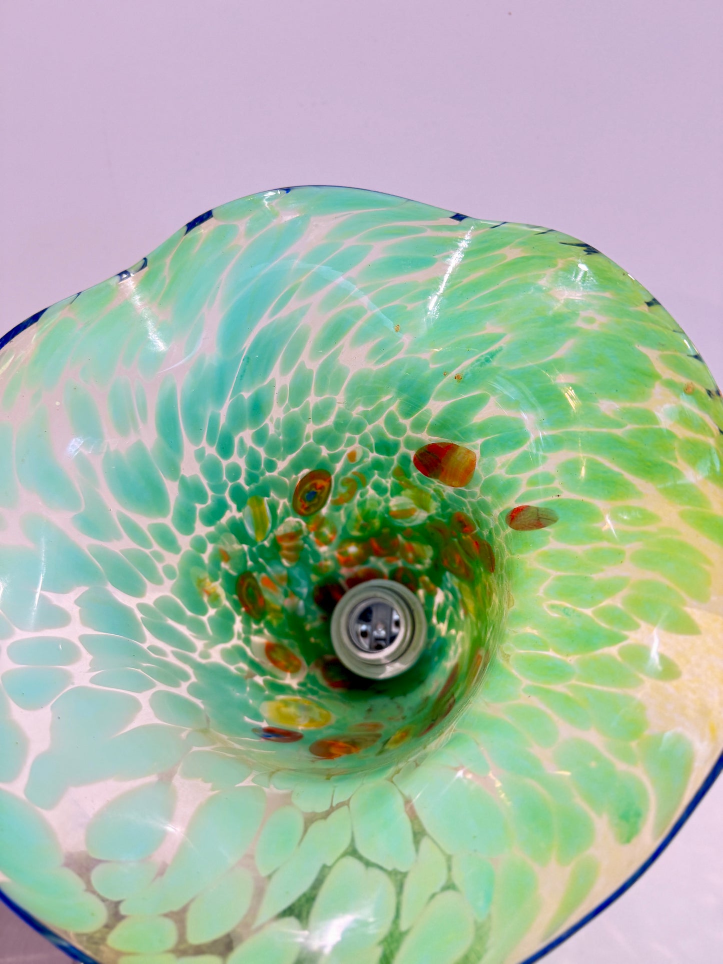 Handblown Murano Glass Pendant Light – Aqua Millefiori Bell Shade with Nickel Mount – Italian Art Glass Lighting