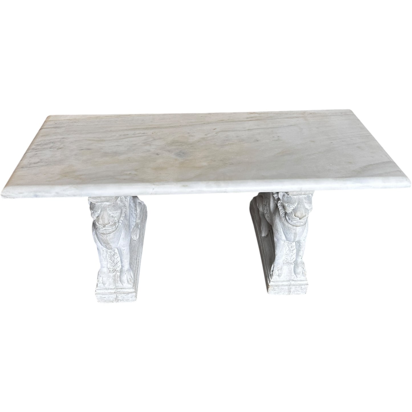 Antique Italian Carrara Marble Bench With Carved Stone Winged Lion Bases