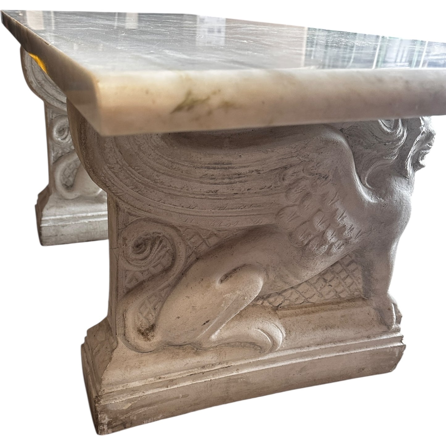 Antique Italian Carrara Marble Bench With Carved Stone Winged Lion Bases