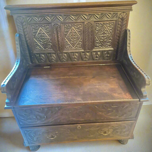 Antique Hand-Carved Oak Hall Bench with Storage – English Gothic Revival