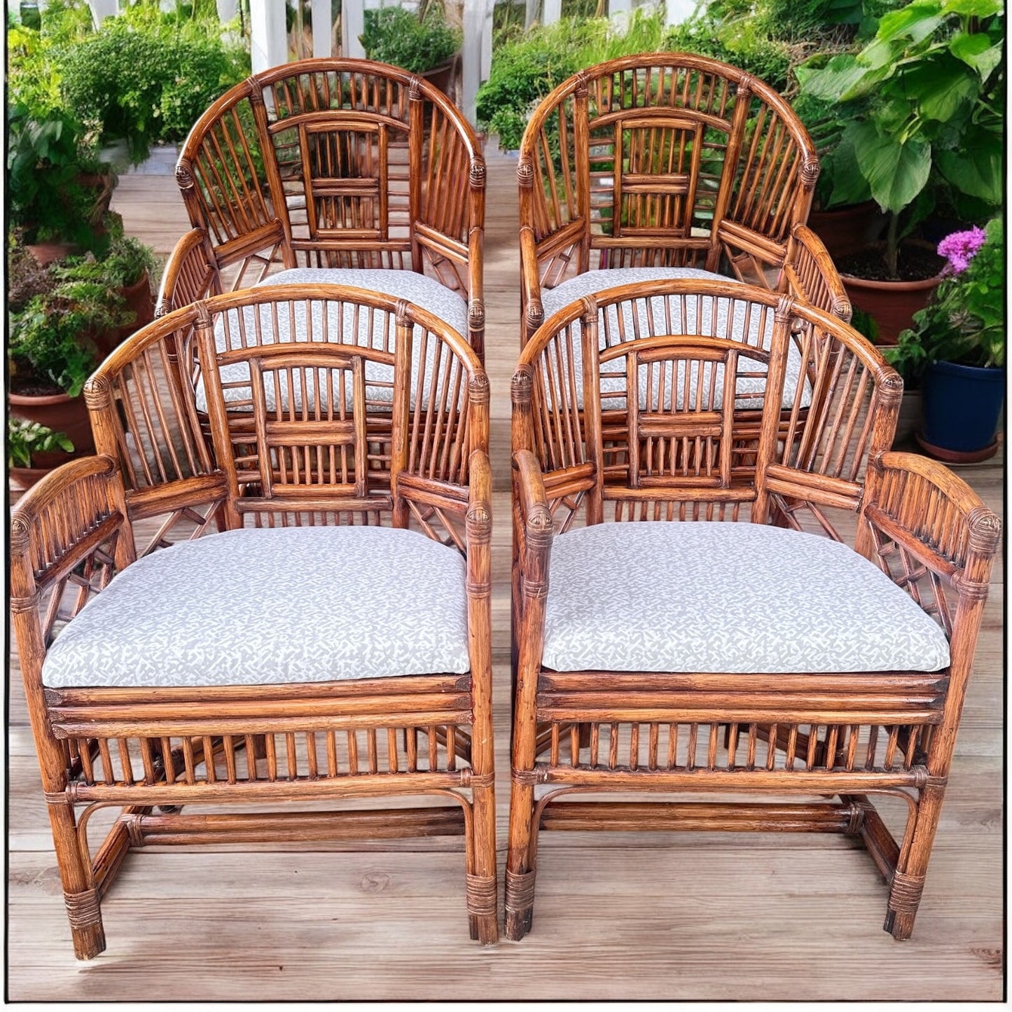 Set of 4 Brighton Pavilion Rattan Barrel Back Armchairs with New Upholstered Cushions