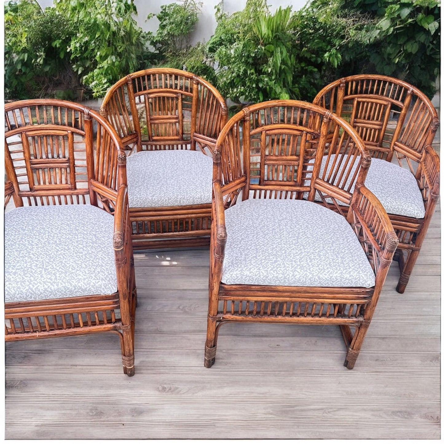 Set of 4 Brighton Pavilion Rattan Barrel Back Armchairs with New Upholstered Cushions