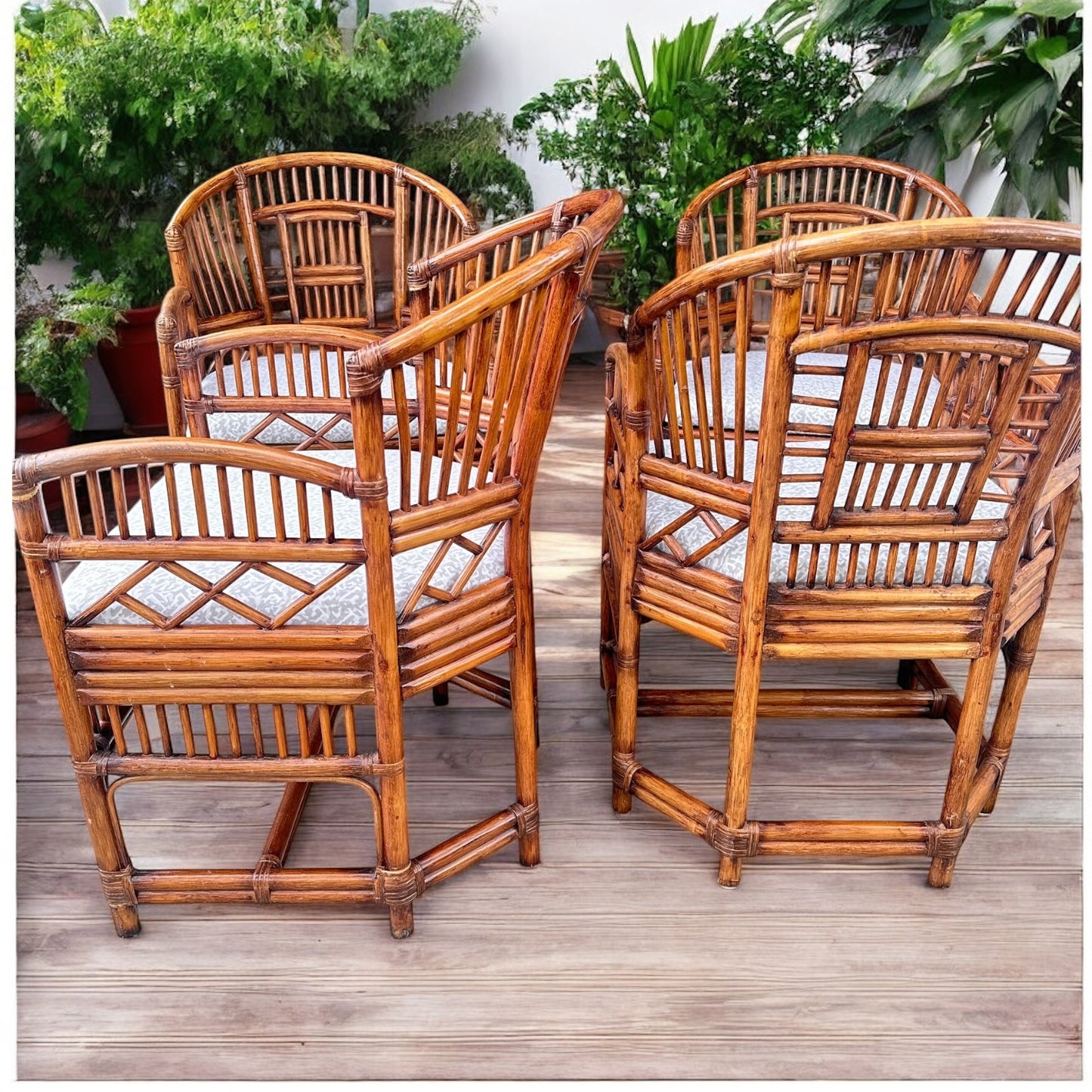 Set of 4 Brighton Pavilion Rattan Barrel Back Armchairs with New Upholstered Cushions