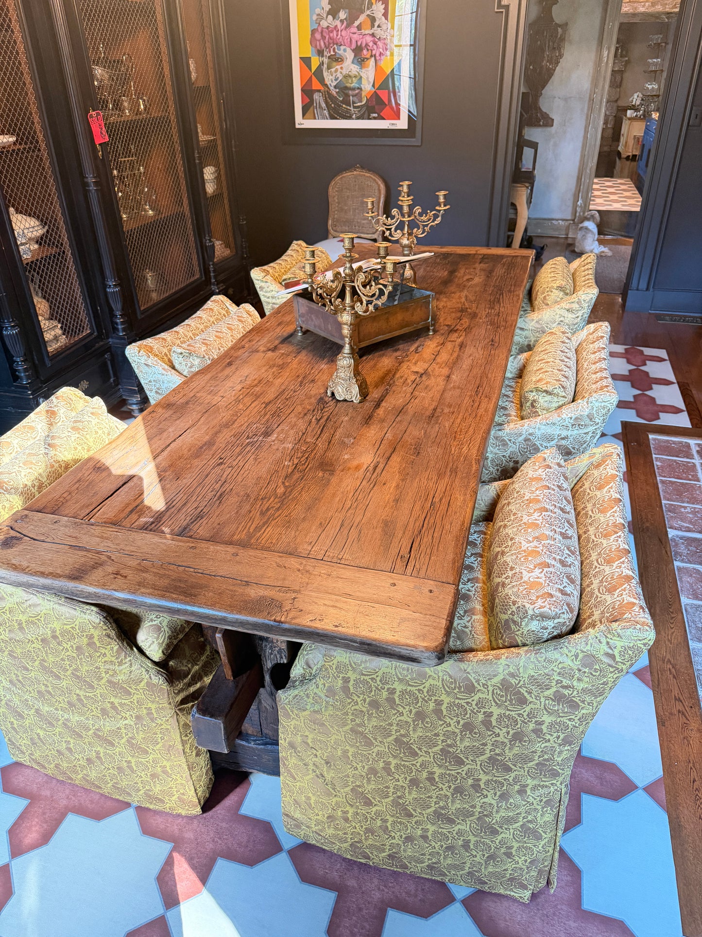 Set of 6 Custom Upholstered Dining Chairs in Fortuny Italian Fabric