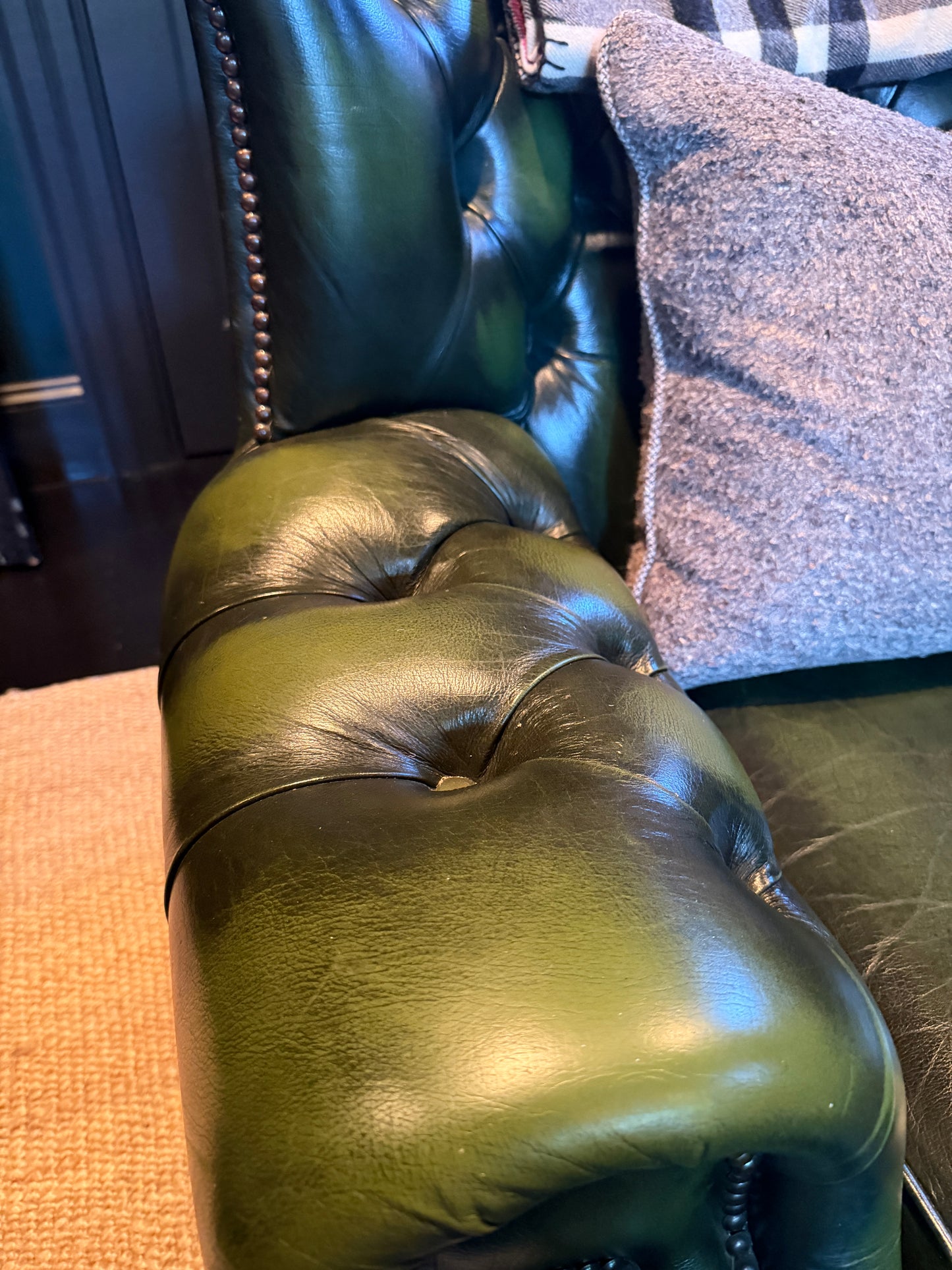 Pair of English Green Leather Tufted Club Chairs