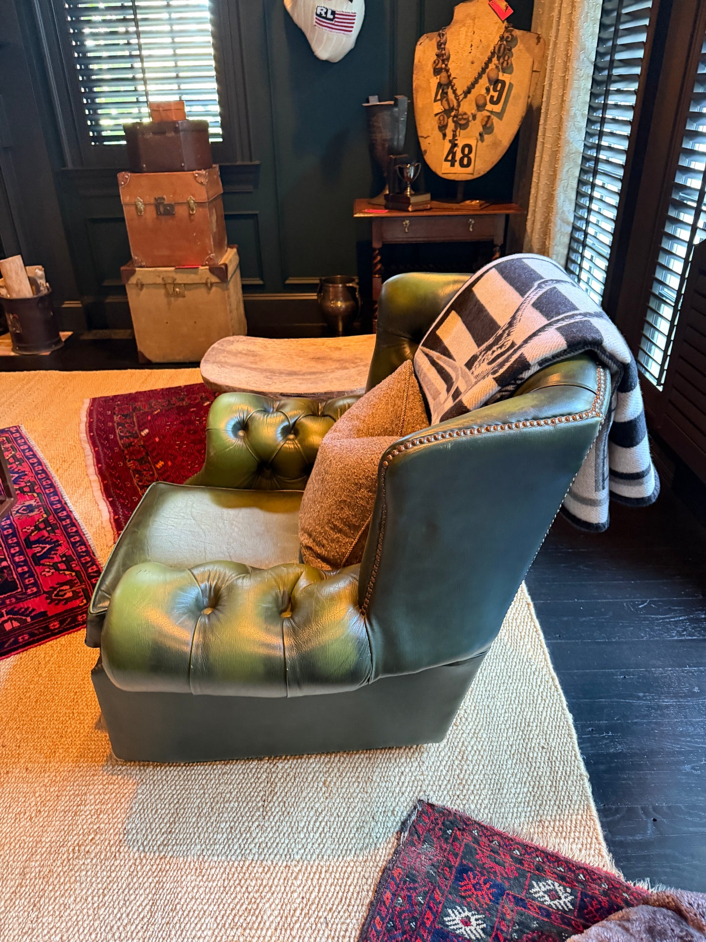 Pair of English Green Leather Tufted Club Chairs