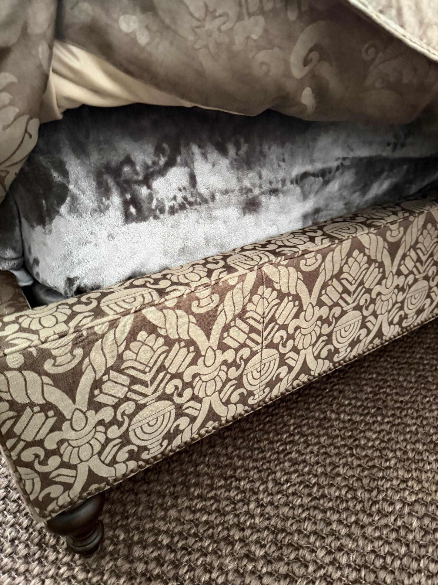 Custom Fortuny Fabric Upholstered California King Bedframe