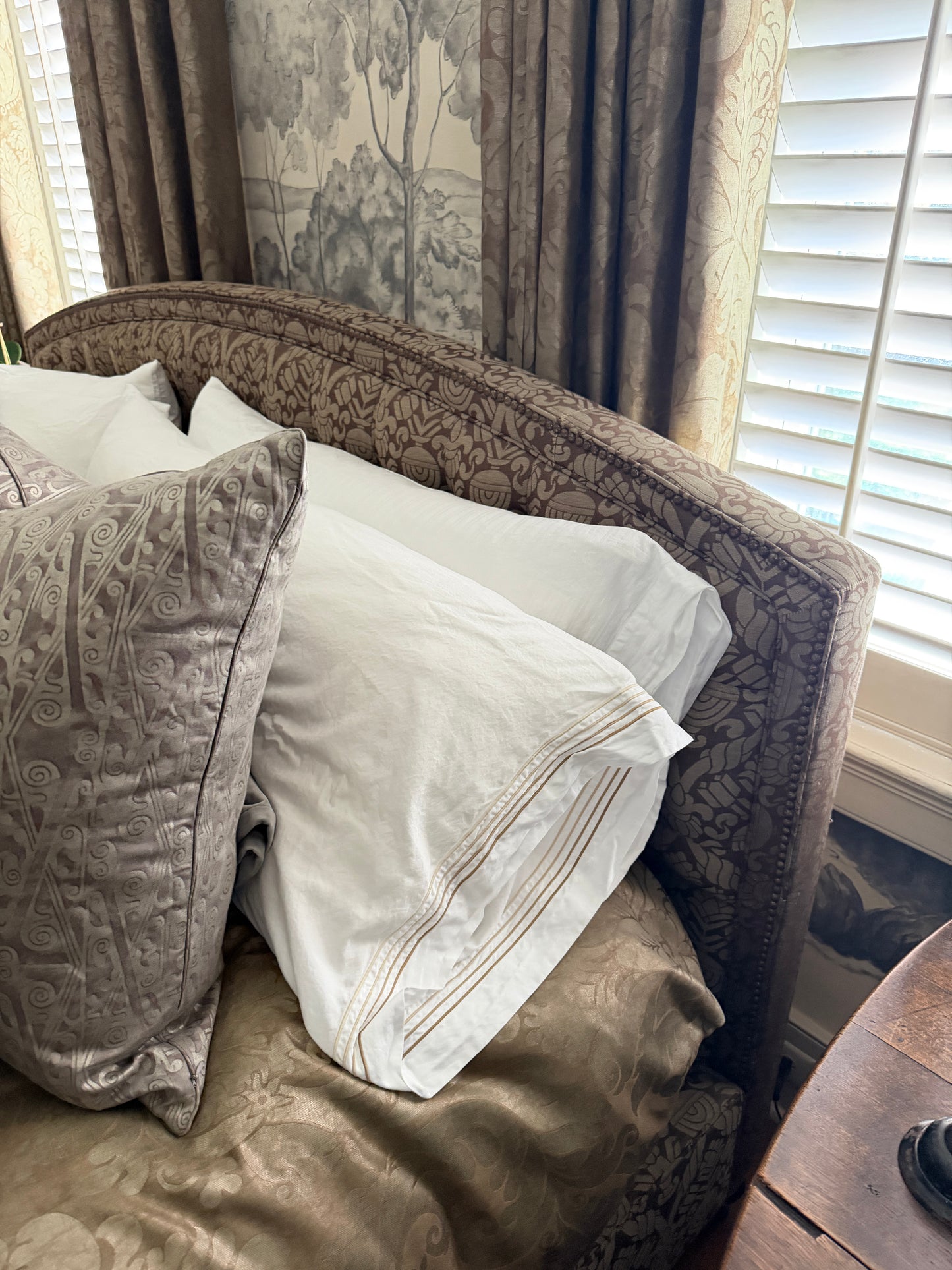 Custom Fortuny Fabric Upholstered California King Bedframe