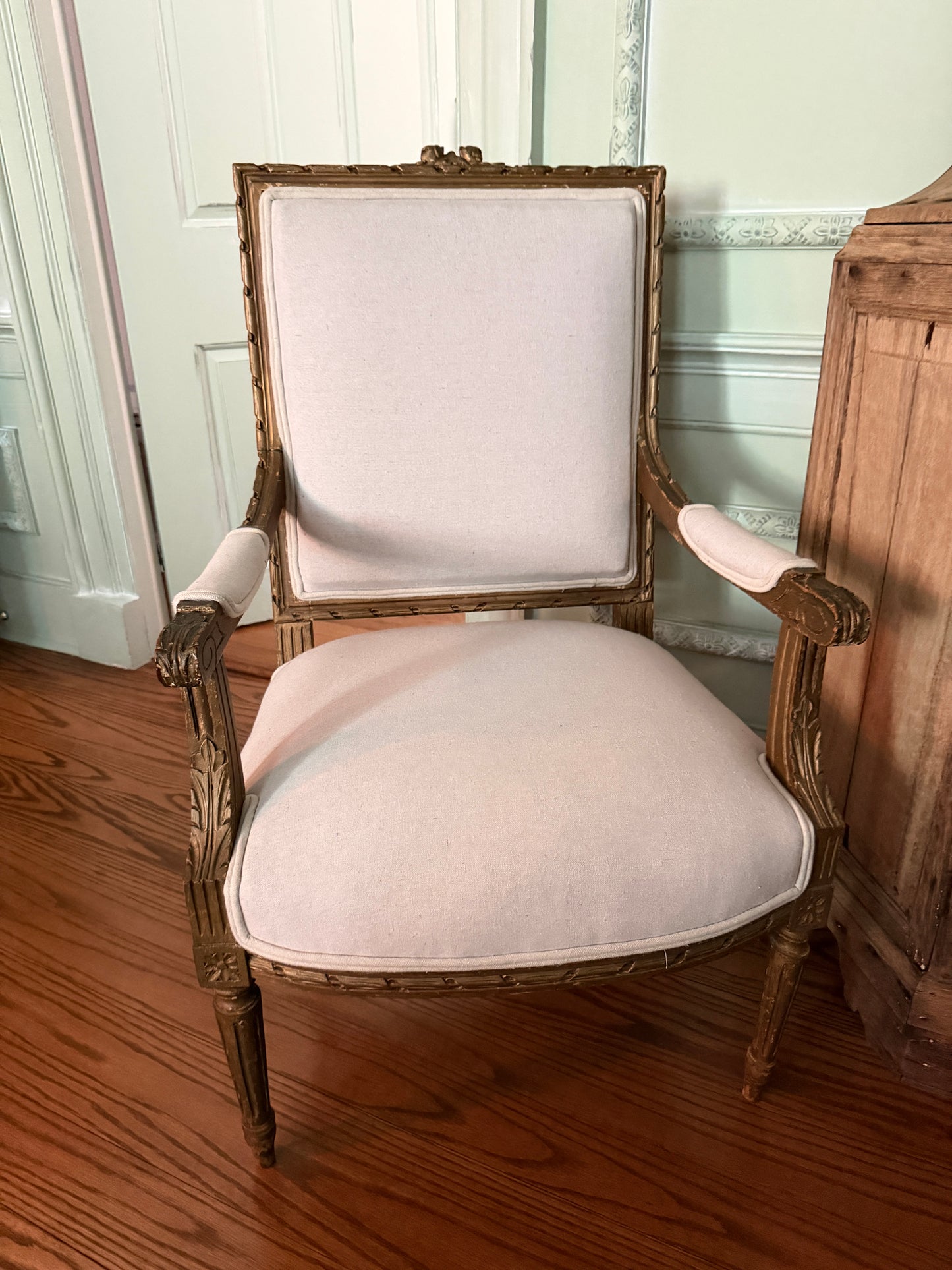 Pair of Antique French Carved Armchairs with Ivory Upholstery