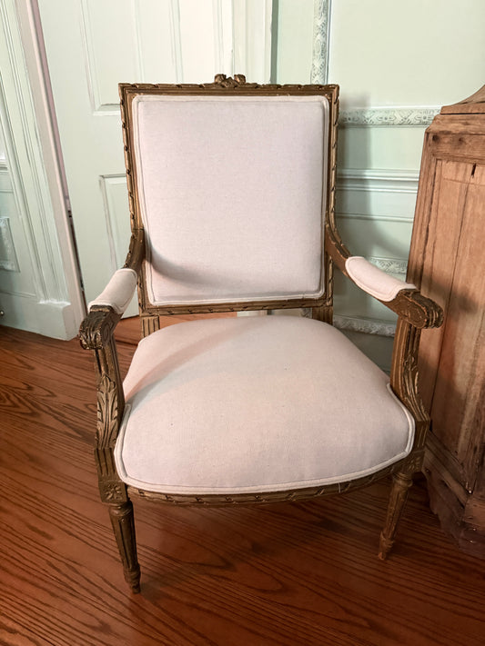 Pair of Antique French Carved Armchairs with Ivory Upholstery