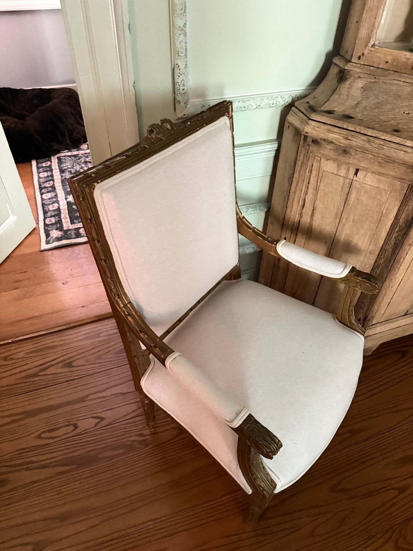 Pair of Antique French Carved Armchairs with Ivory Upholstery