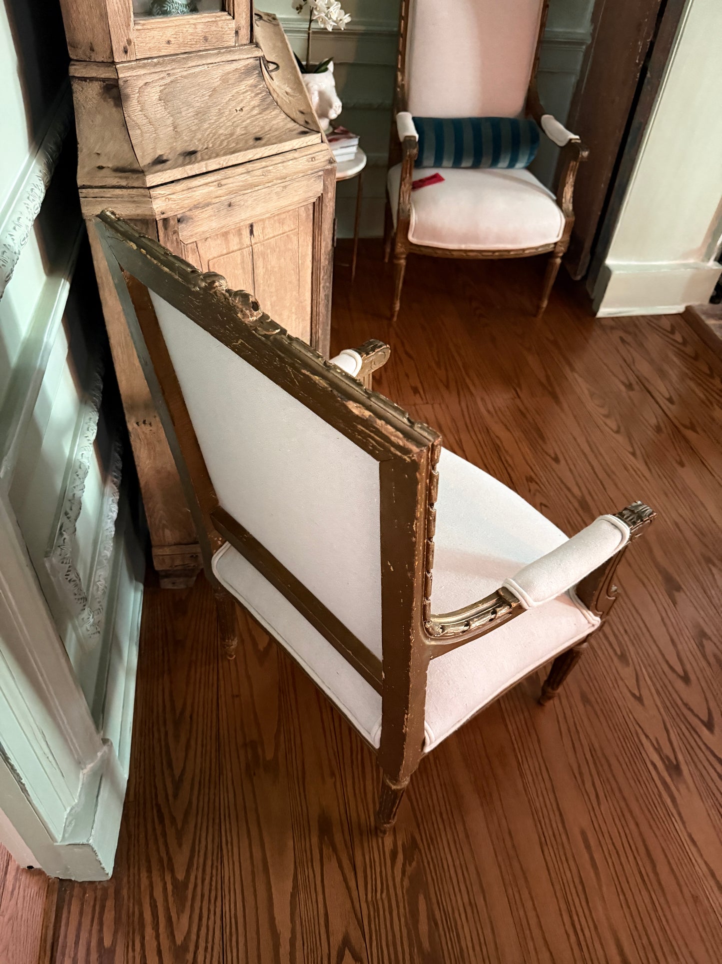 Pair of Antique French Carved Armchairs with Ivory Upholstery