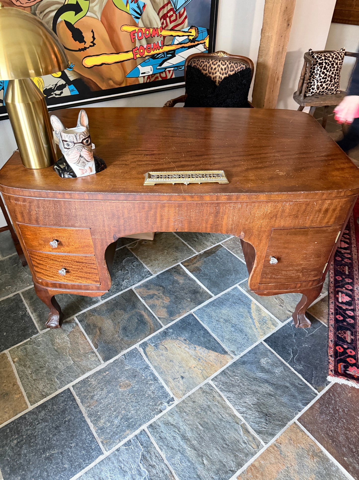 Antique French Mahogany Writing Desk with Cabriole Legs