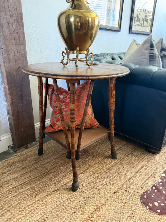 Vintage Burnt Bamboo Side Table with Wooden Top