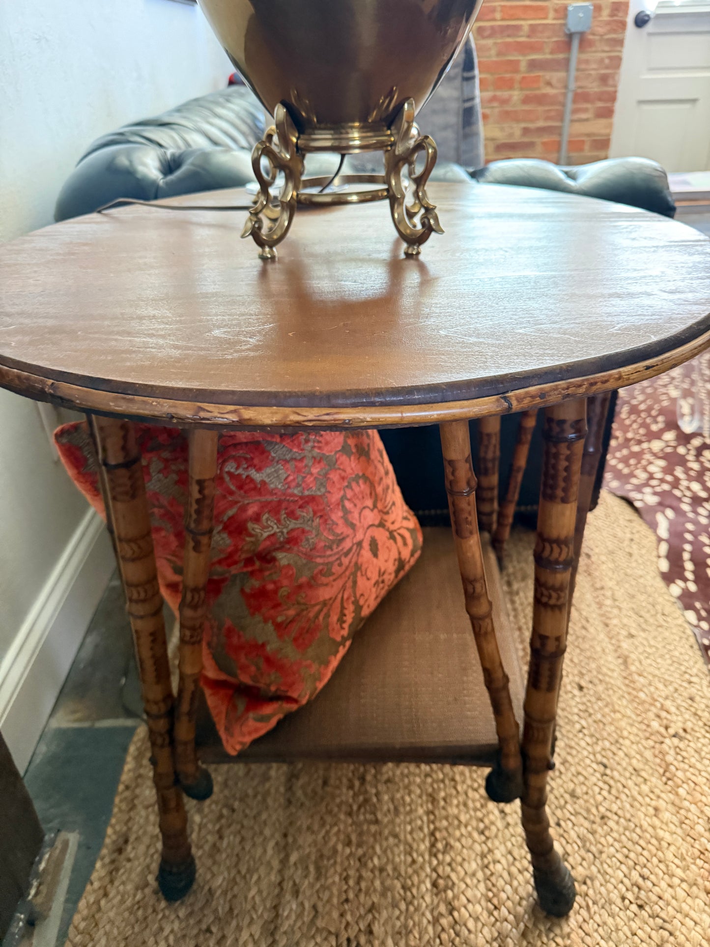 Vintage Burnt Bamboo Side Table with Wooden Top