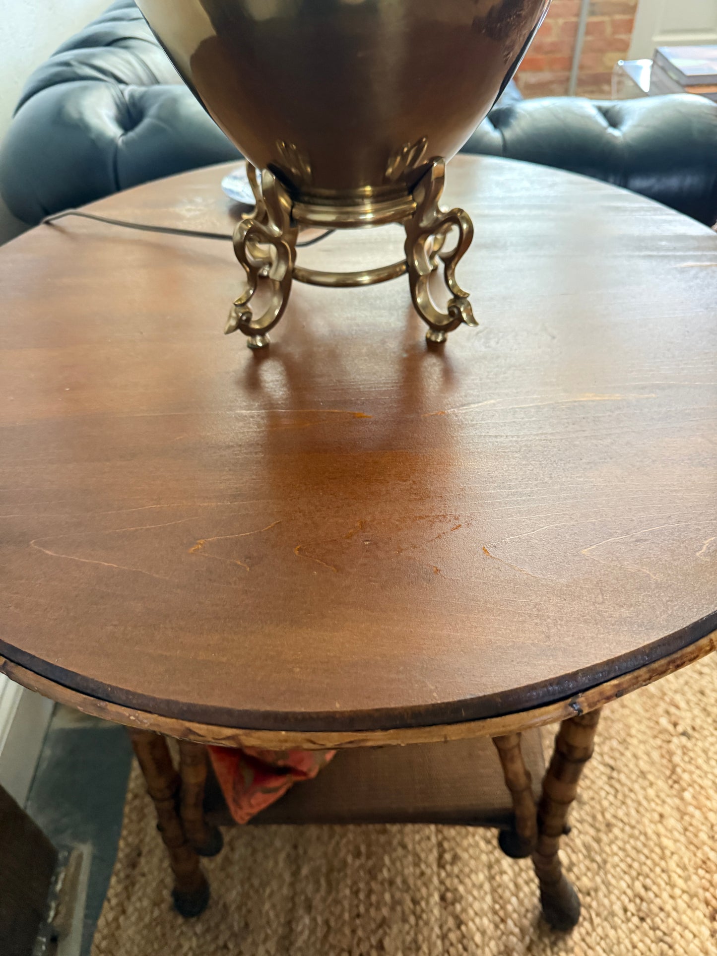 Vintage Burnt Bamboo Side Table with Wooden Top