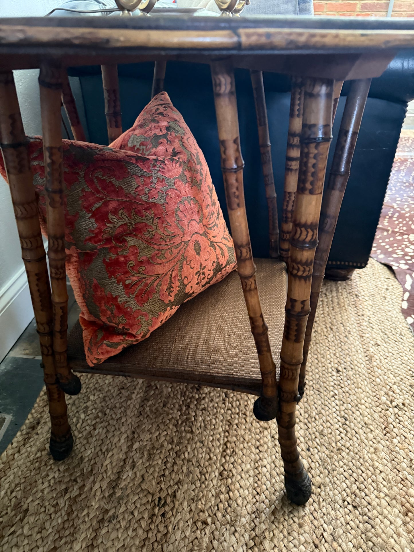 Vintage Burnt Bamboo Side Table with Wooden Top