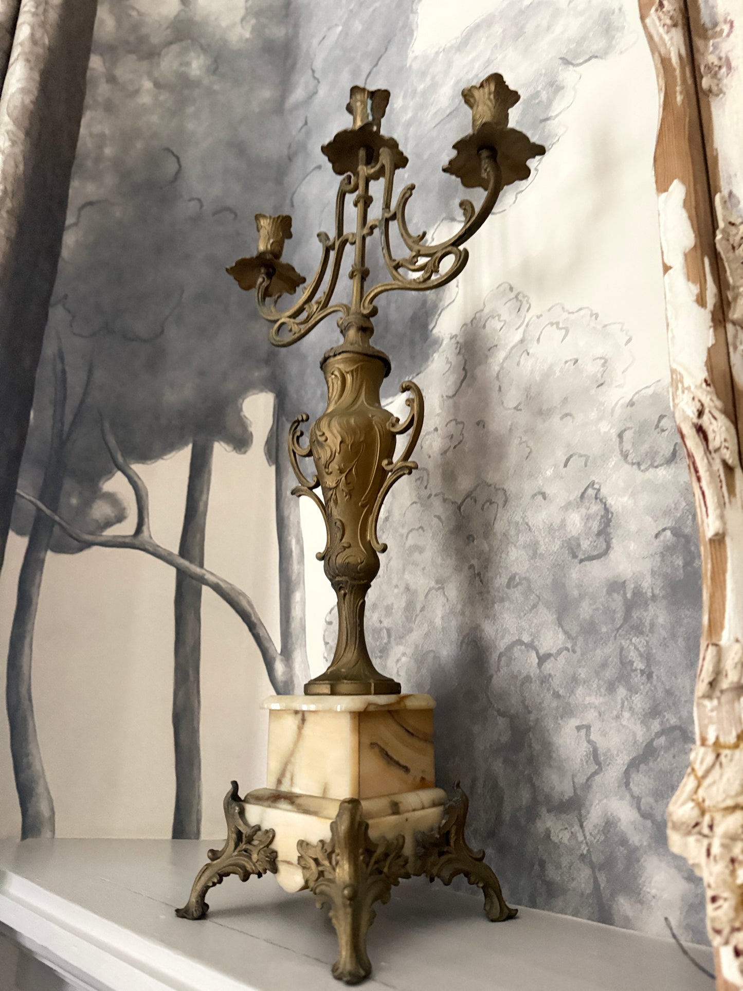 Pair of Antique French Bronze & Marble Candelabras