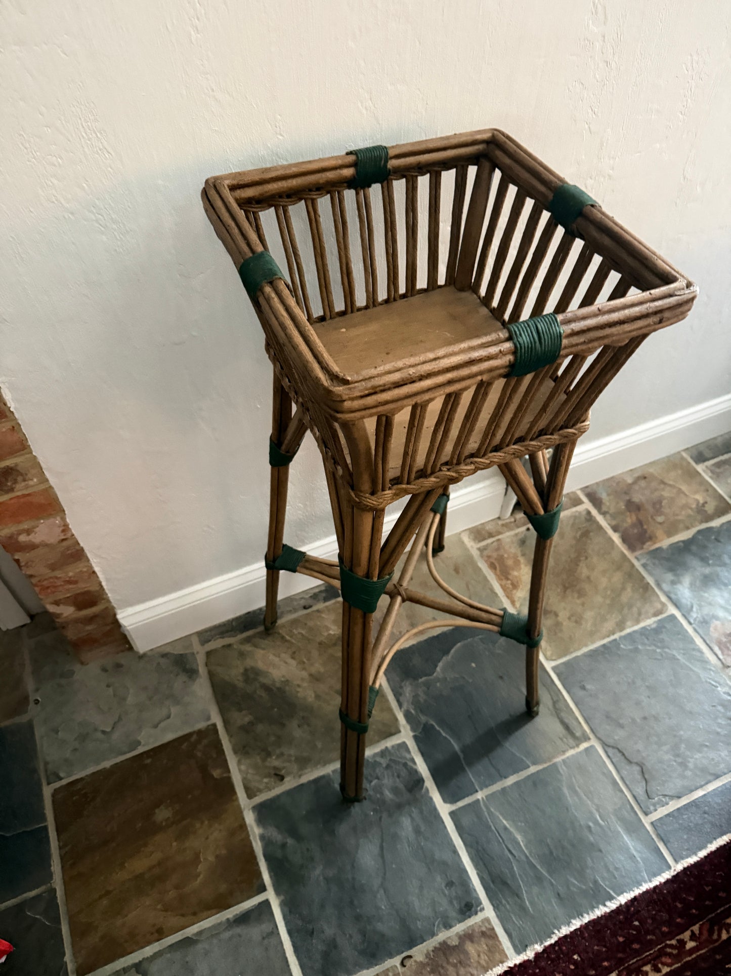 Vintage Rattan Plant Stand with Green Wrapped Accents