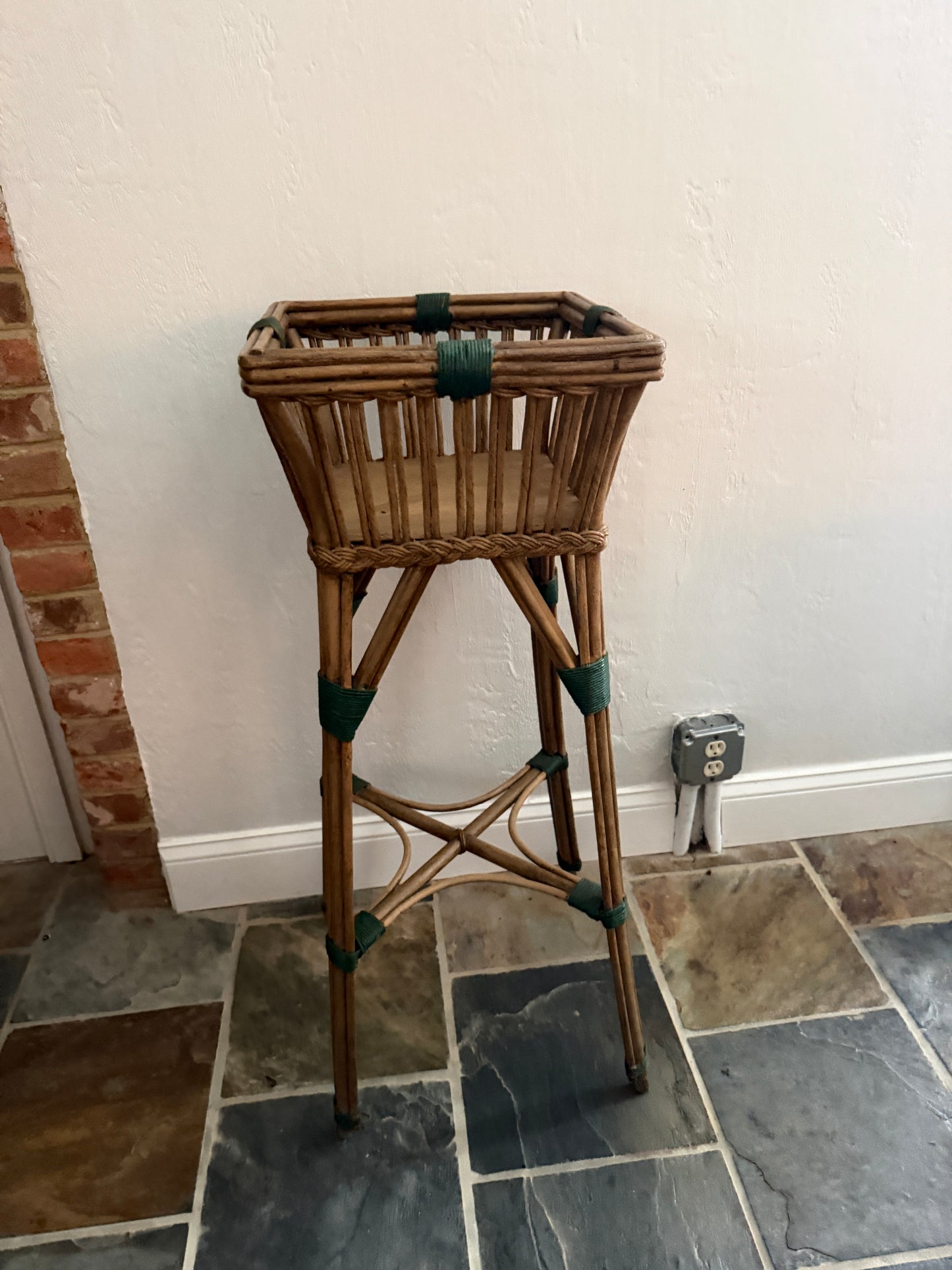 Vintage Rattan Plant Stand with Green Wrapped Accents