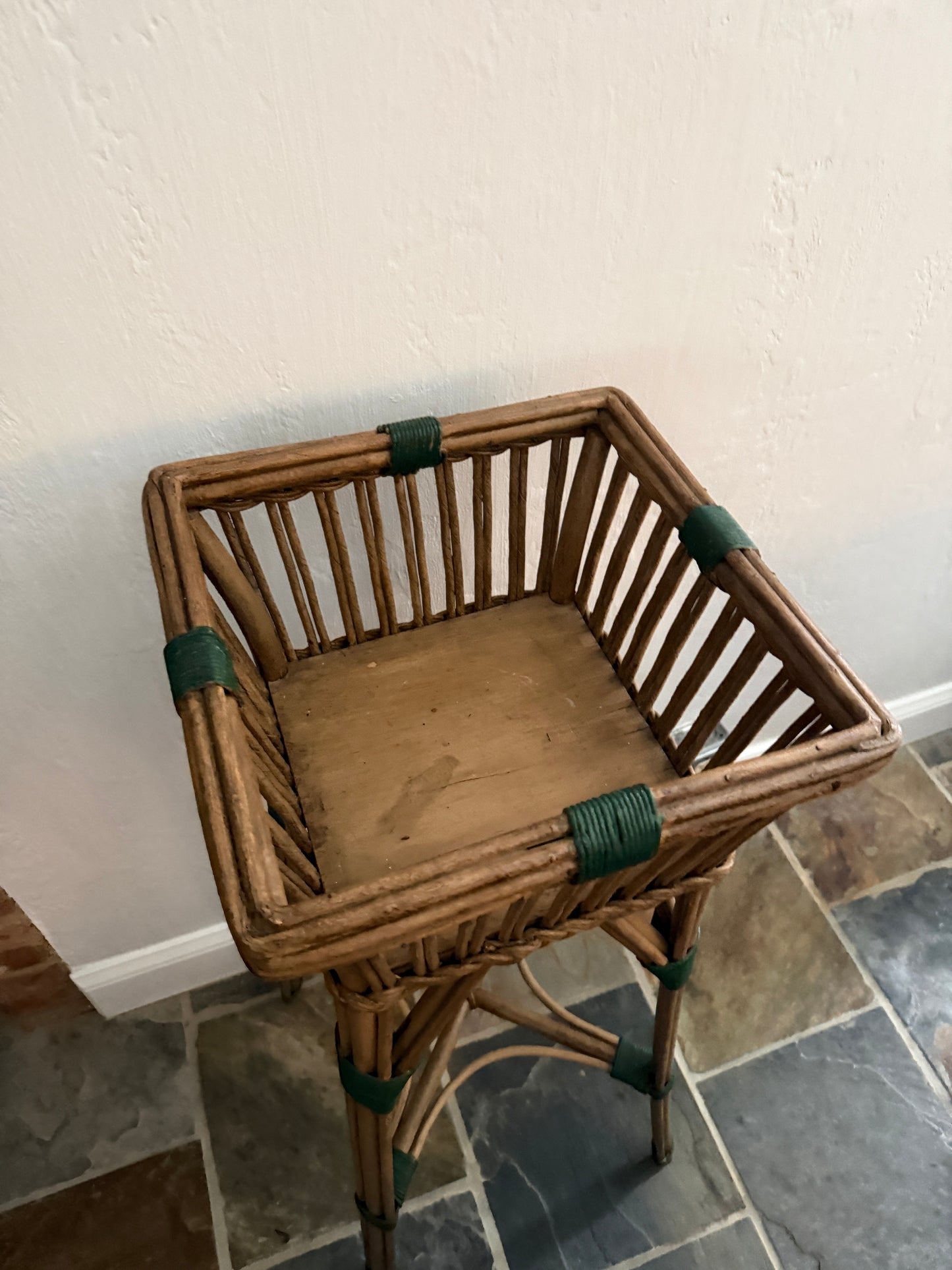 Vintage Rattan Plant Stand with Green Wrapped Accents
