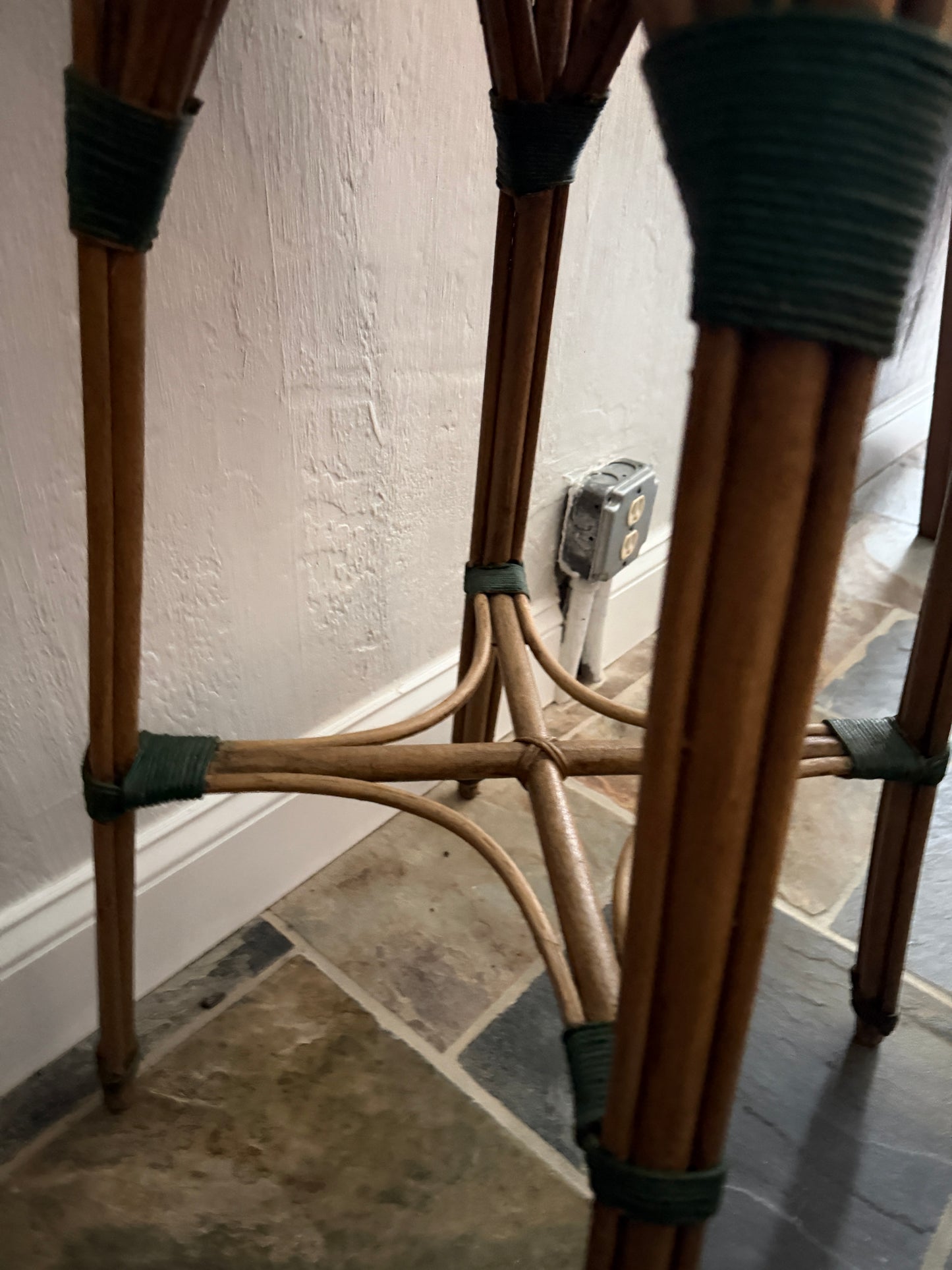 Vintage Rattan Plant Stand with Green Wrapped Accents
