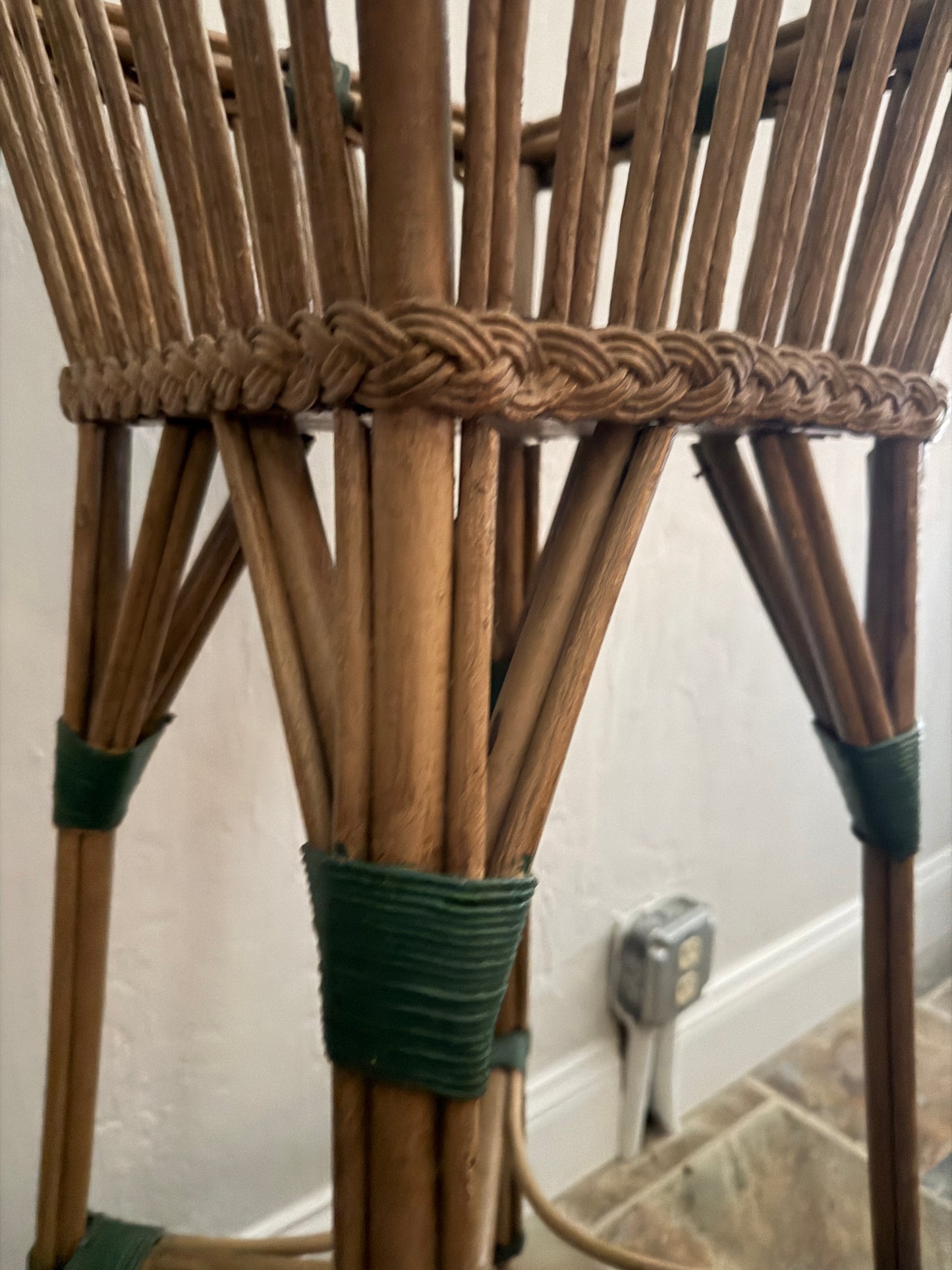 Vintage Rattan Plant Stand with Green Wrapped Accents