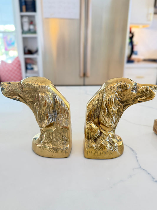 Vintage Brass Dog Head Bookends — Setter or Spaniel Pair