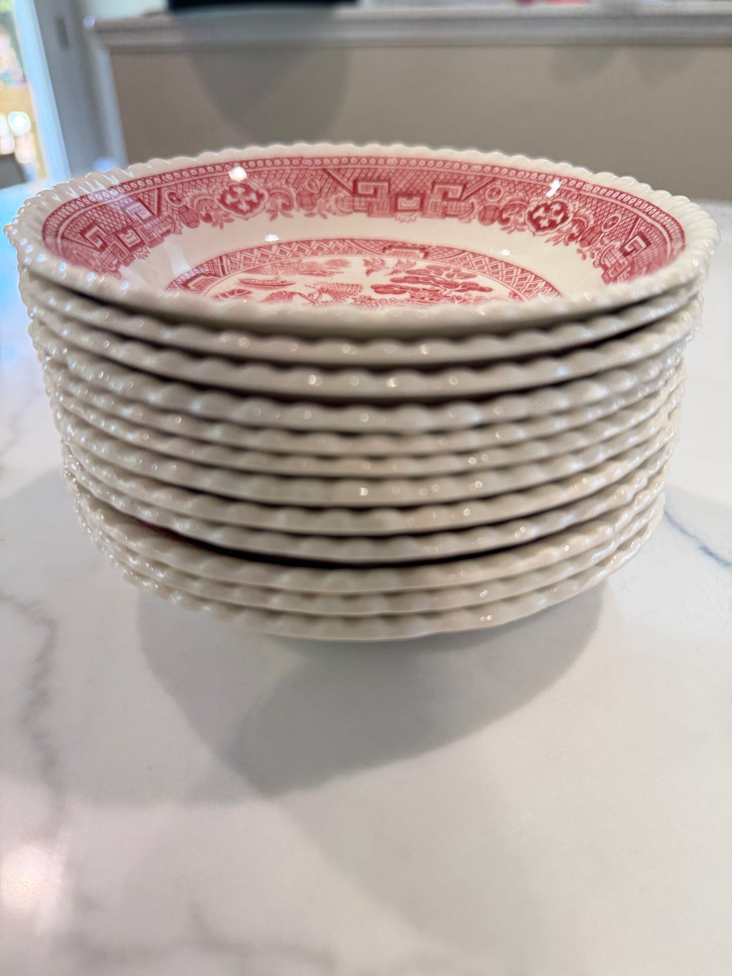 Set of 10 Vintage Adams Staffordshire Red Transferware Fruit/Dessert Bowls – “Red Willow” Pattern