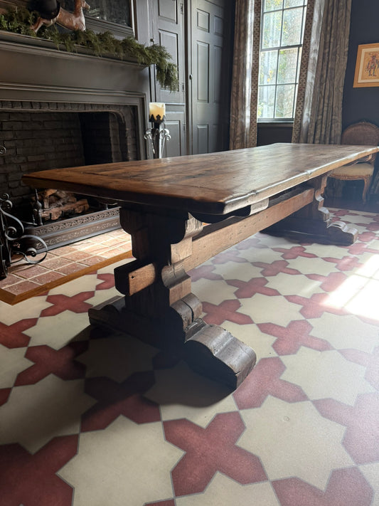 Antique Italian Trestle Dining Table – Hand-Carved Solid Hardwood