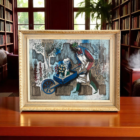 Mid-Century Oil Painting of Man with Wheelbarrow